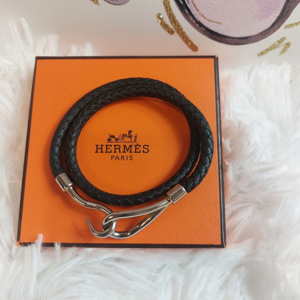 Hermes Unisex Double Wrap Hook Bracelet Black